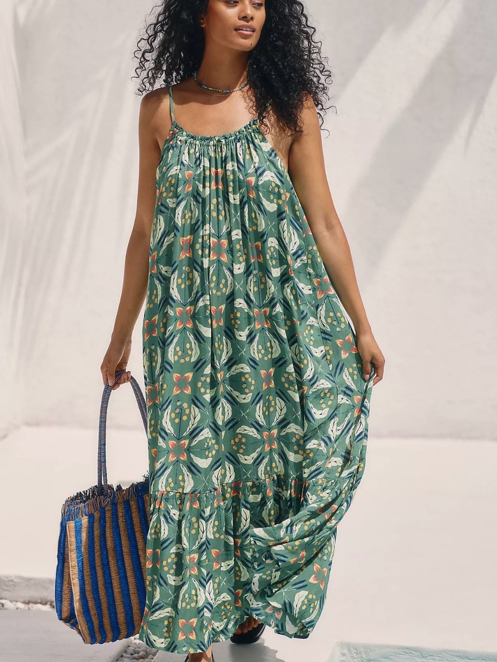Anthropologie Brenda Quinn Green Print Maxi Dress